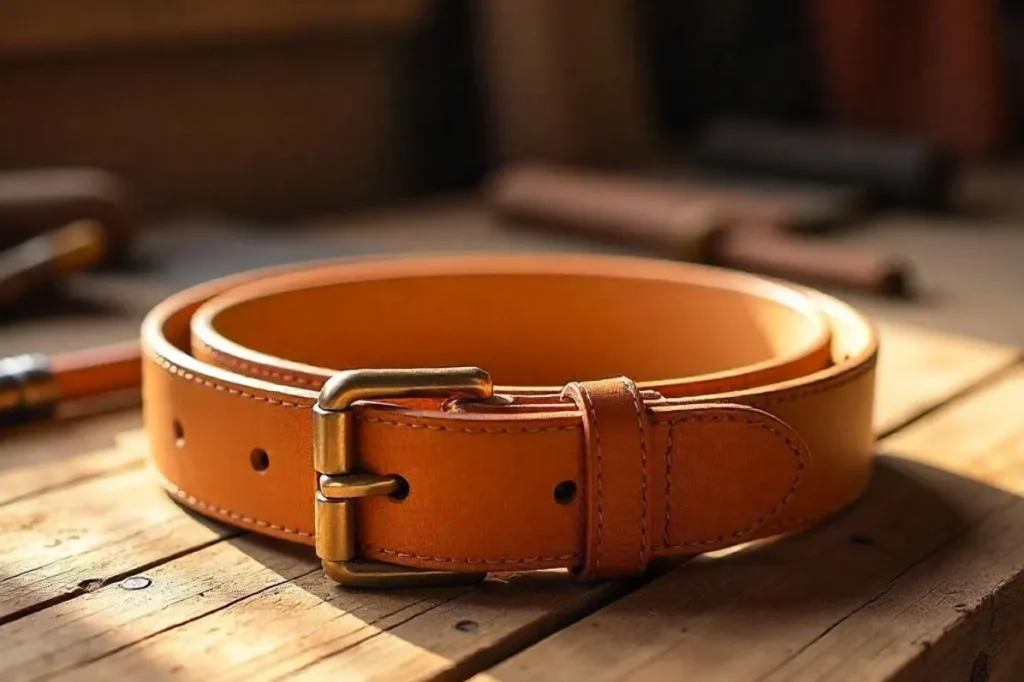 Ceinture cuir femme marron clair posée sur une table en bois
