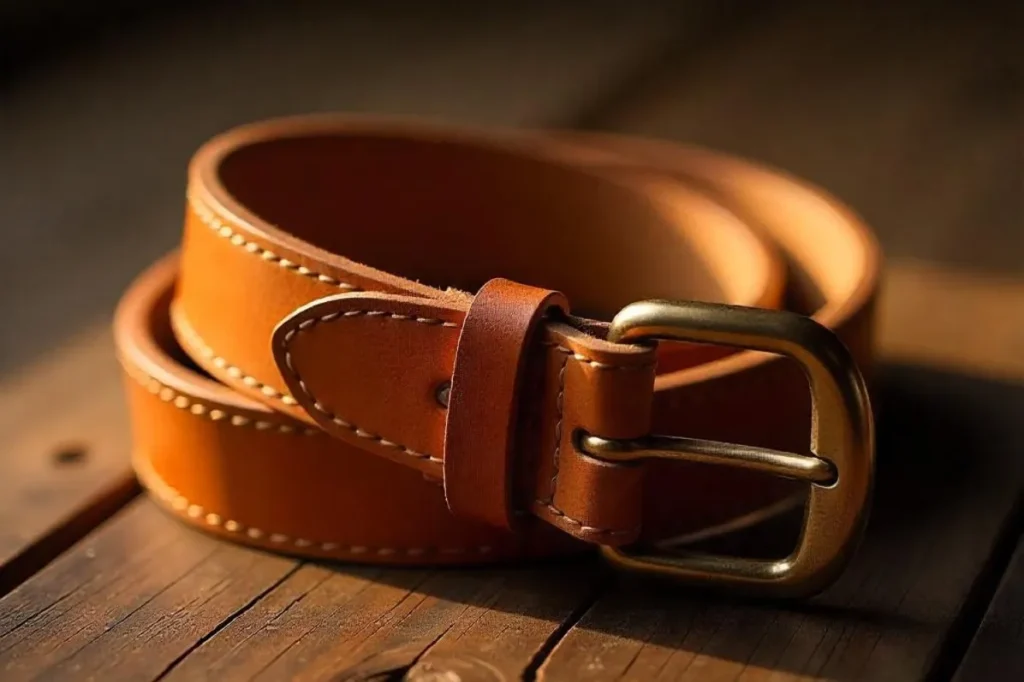 Ceinture cuir femme roulée avec boucle dorée sur fond sombre
