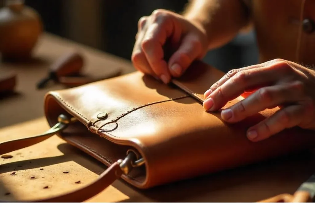 Fabrication artisanale d’un sac femme cuir clair fait main
