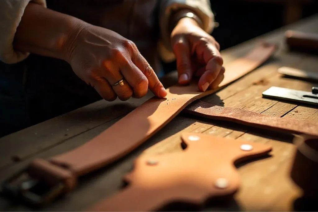 Fabrication manuelle d’une ceinture cuir femme dans un atelier traditionnel