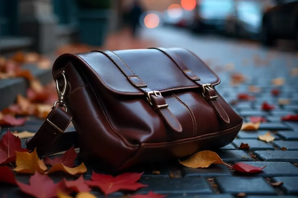 Sac cuir homme posé sur un sol pavé entouré de feuilles d’automne