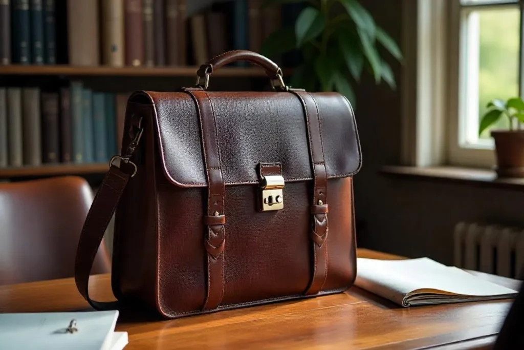 Sac cuir homme vintage posé sur un bureau en bois