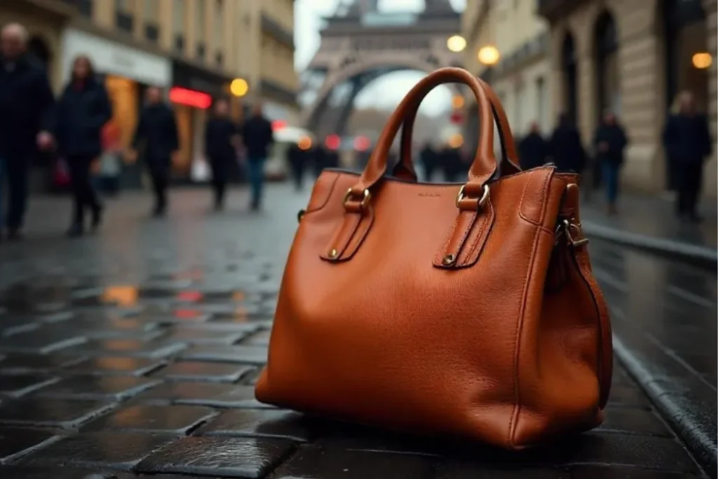 Sac femme cuir marron devant la Tour Eiffel à Paris