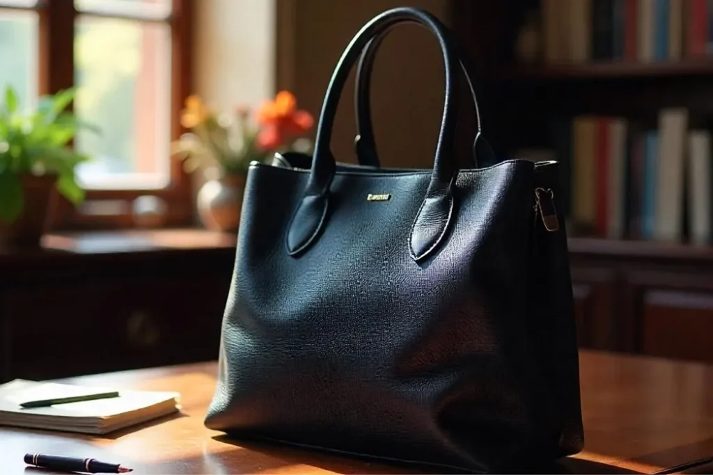 Sac femme cuir noir posé sur un bureau lumineux