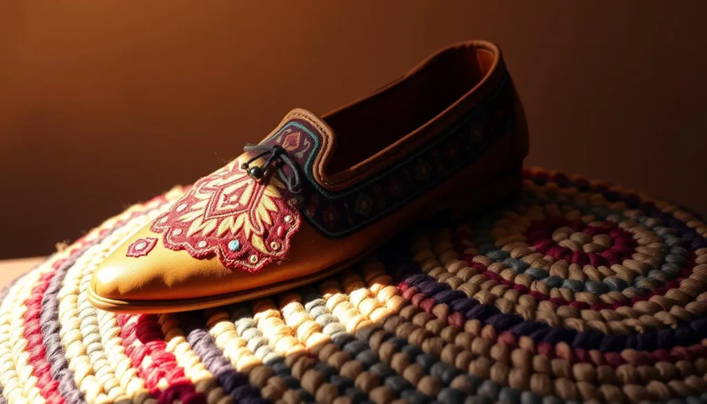 Que signifie babouche babouche marocaine en cuir brodé posée sur un tapis artisanal, illustrant le savoir-faire traditionnel marocain.